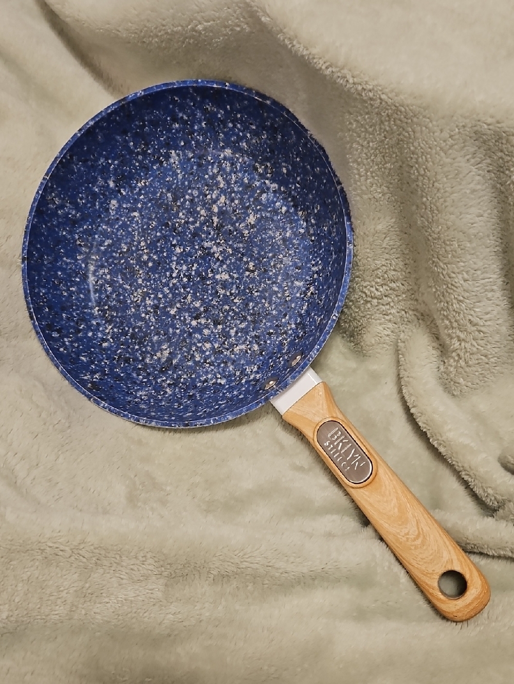Blue Speckled BKLYN STEEL Nonstick Frying Pan with Wood-Style Handle